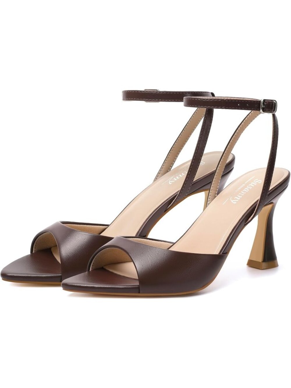 Women's Brown Pointed Open Toe Strappy Chunky Block Heel Ankle Strap Dress Shoes